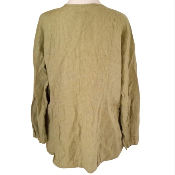 Flax Women's Microgingham Button Front Green Cardigan 100% Linen Pockets Small - Picture 2 of 6